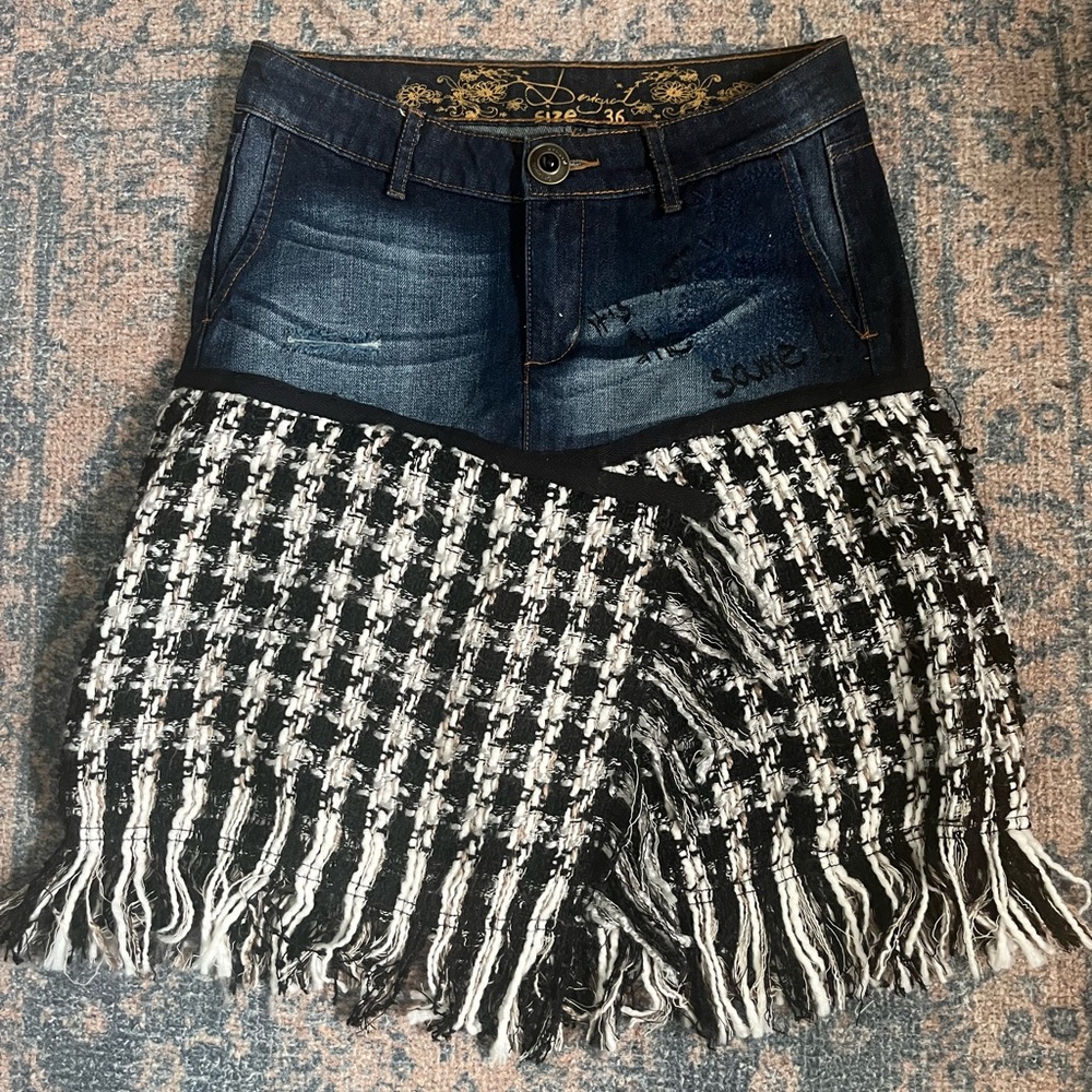 Desigual Black & White Tweed Fringe Denim Skort